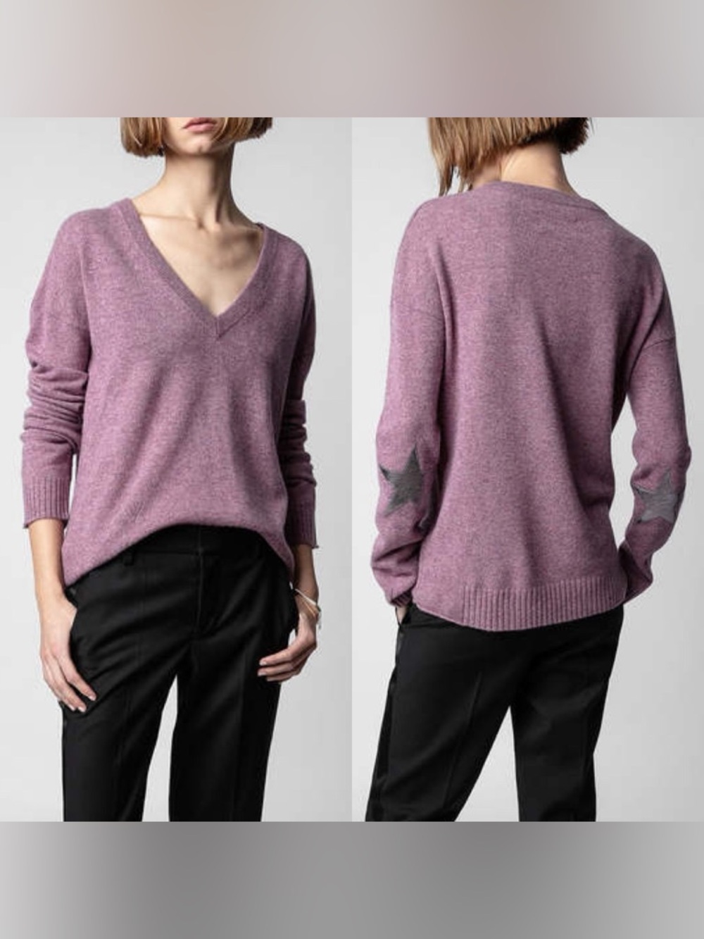 ZADIG & VOLTAIRE VIVI PATCH Cashmere SWEATER - LILAS Purple NWOT Size Large